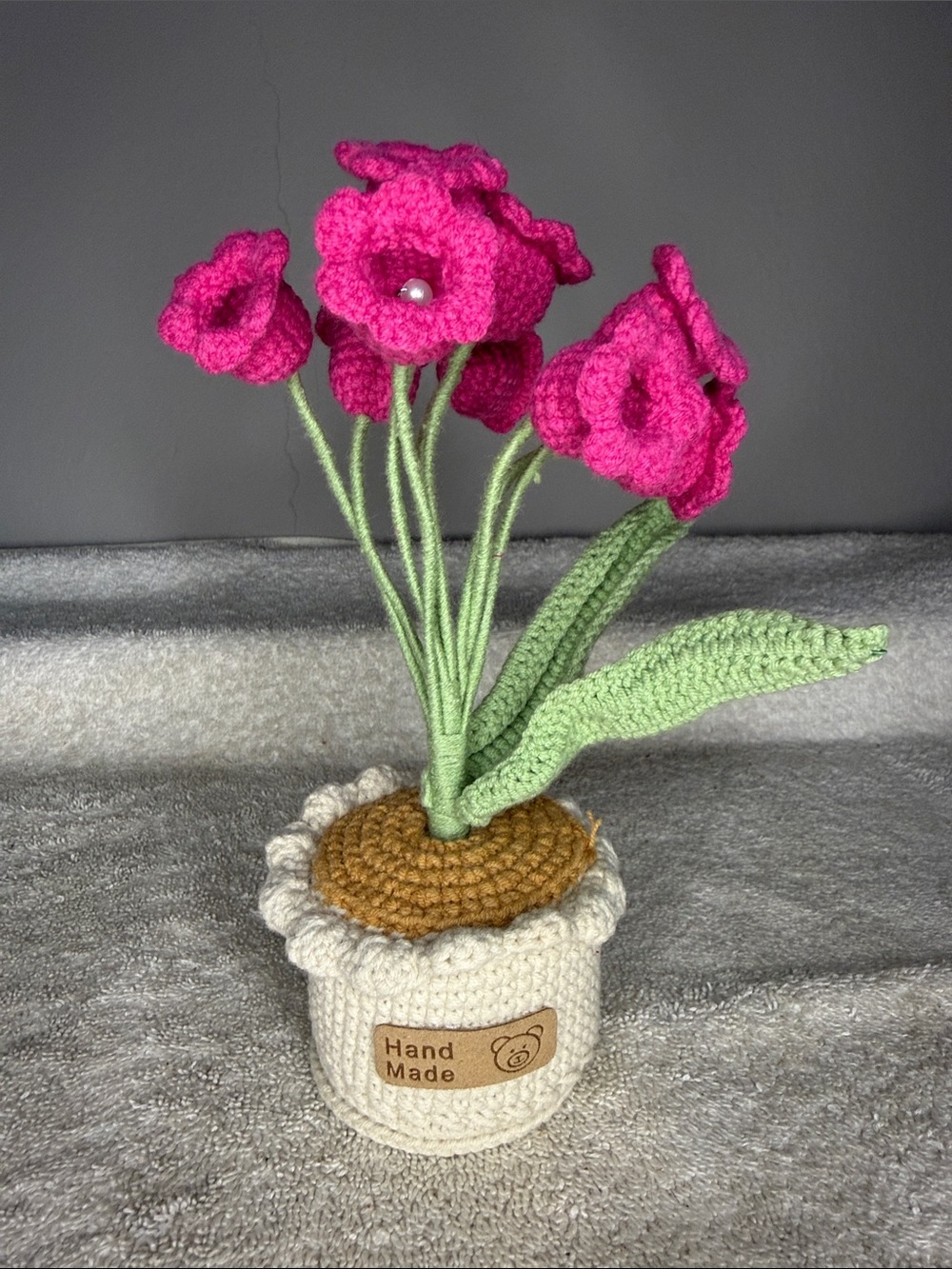 Handmade Crocheted Pink Knot Flowers in Decorative Pot – 8" Tall